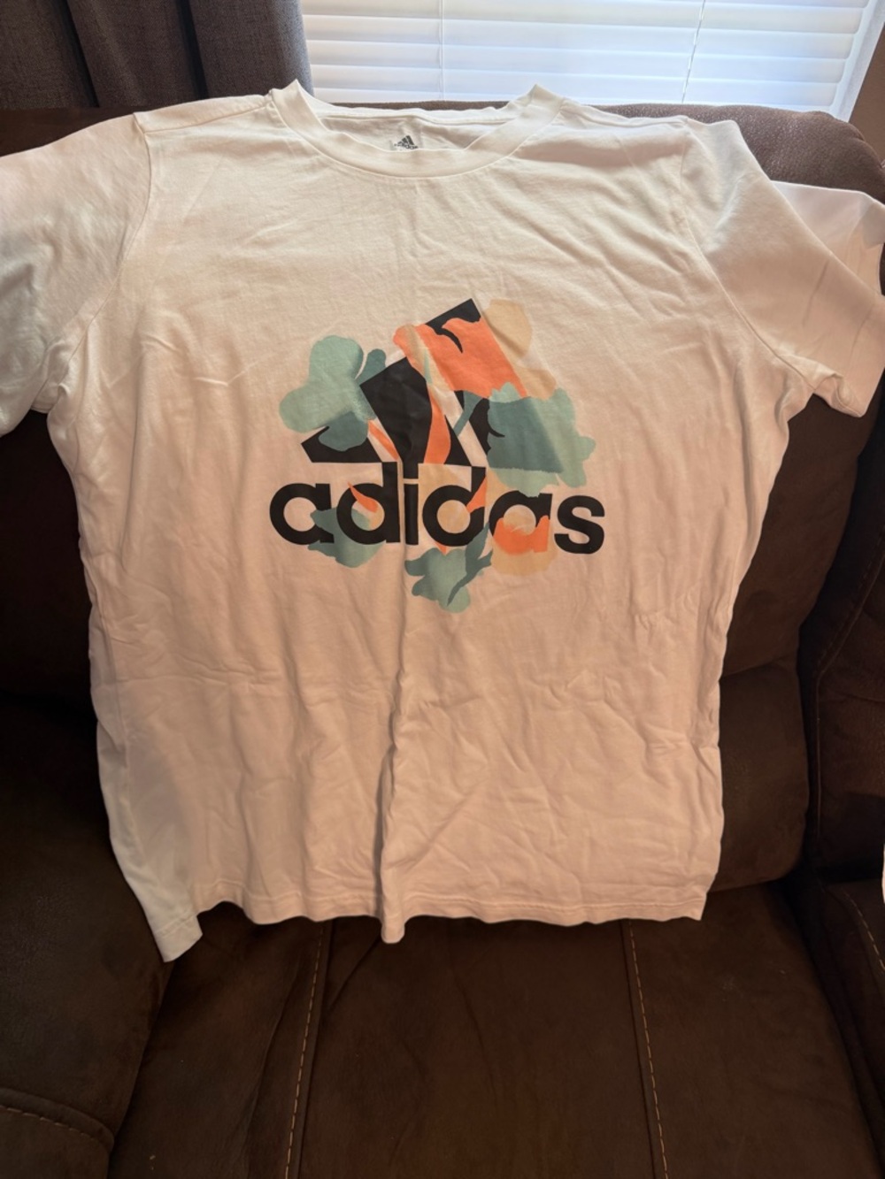 adidas White Tee with Black Logo and Mint & Coral Accents
